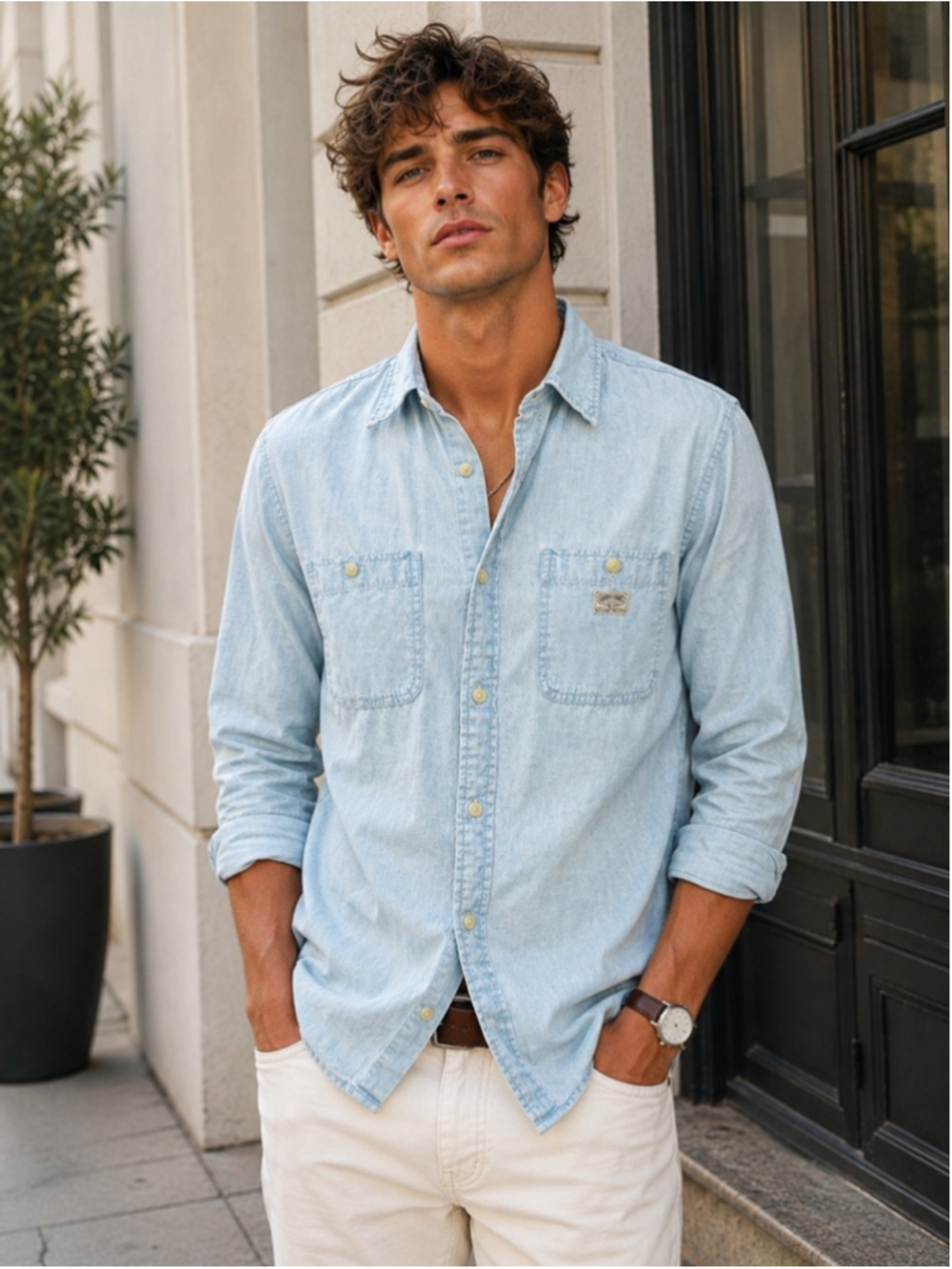 Ralph Lauren Denim Supply Shirt Men M Chambray Denim Western Ranch Workwear Blue